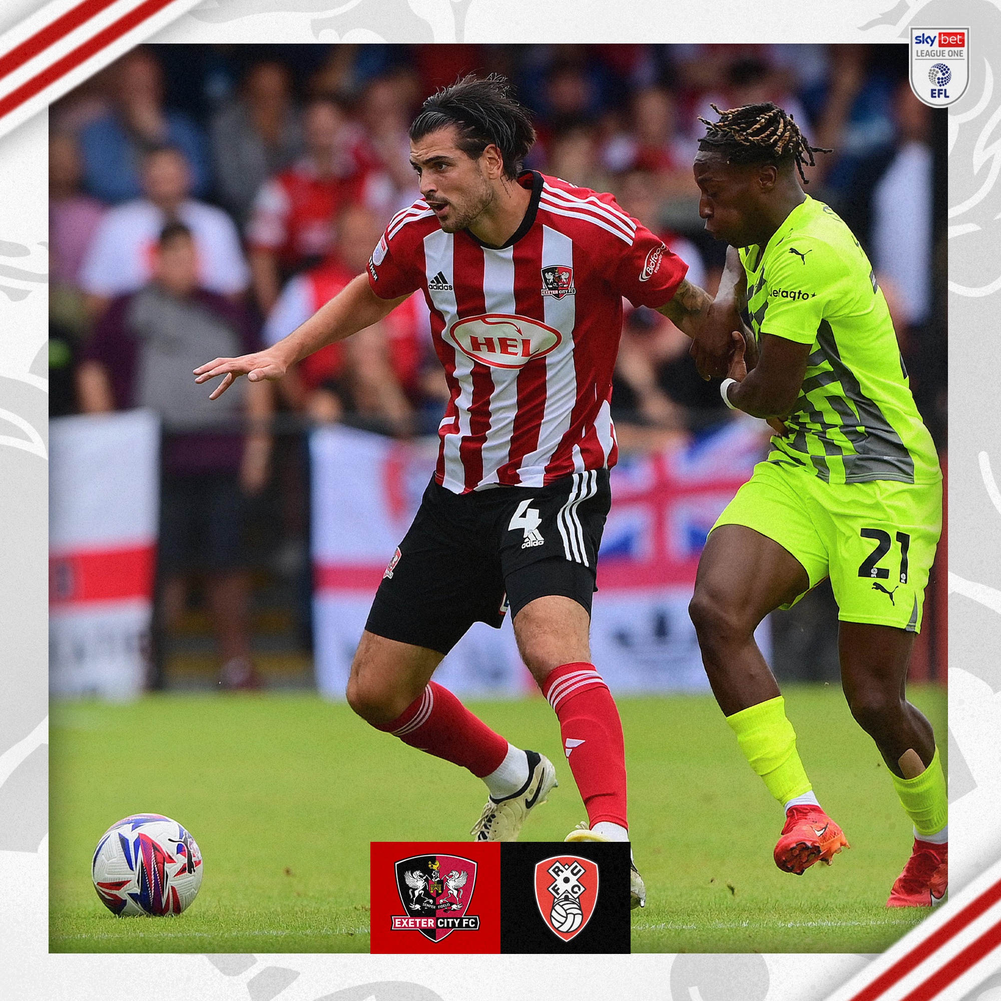 Tristan Crama, playing in Exeter City's red and white home kit, battles for the ball with a luminous yellow Rotherham man, holding him off.