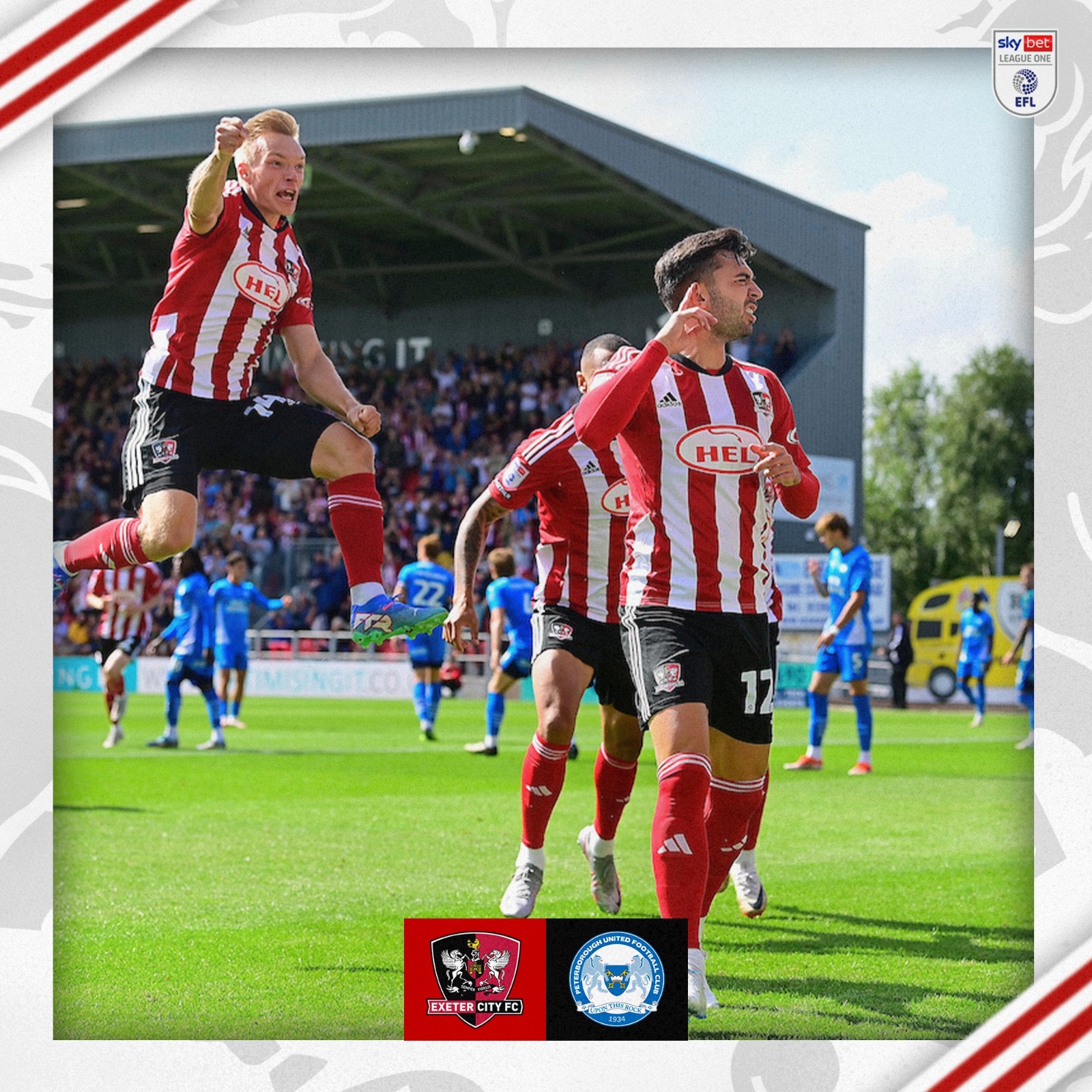 Image of Reece Cole and Ilmari Niskanen celebrating City's opener. Niskanen is jumping, off the ground, with his fist in the air.