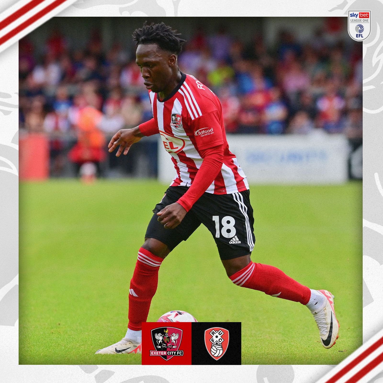 Vincent Harper, in Exeter City's red and white kit, running with the ball.