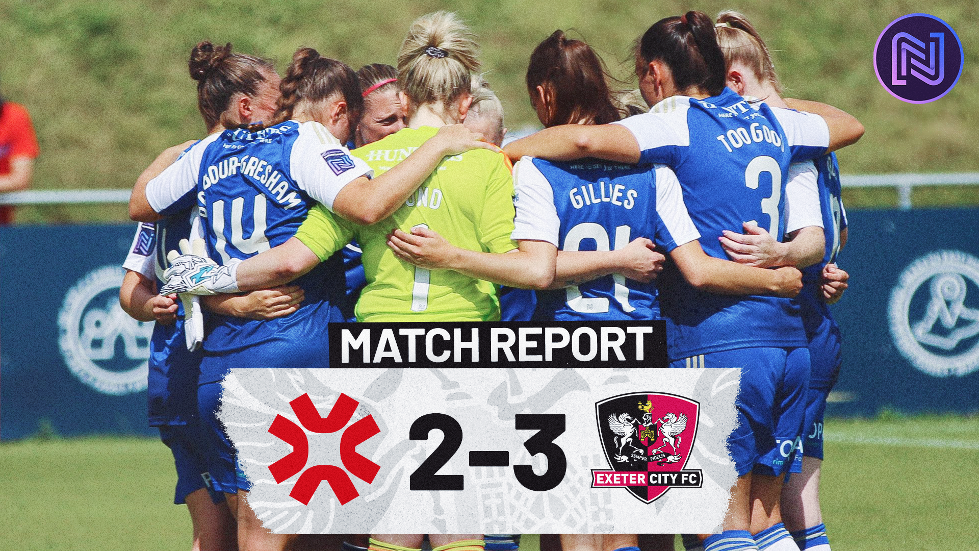 Match Report graphic, communicating Gawlia United 2-3 Exeter City Women