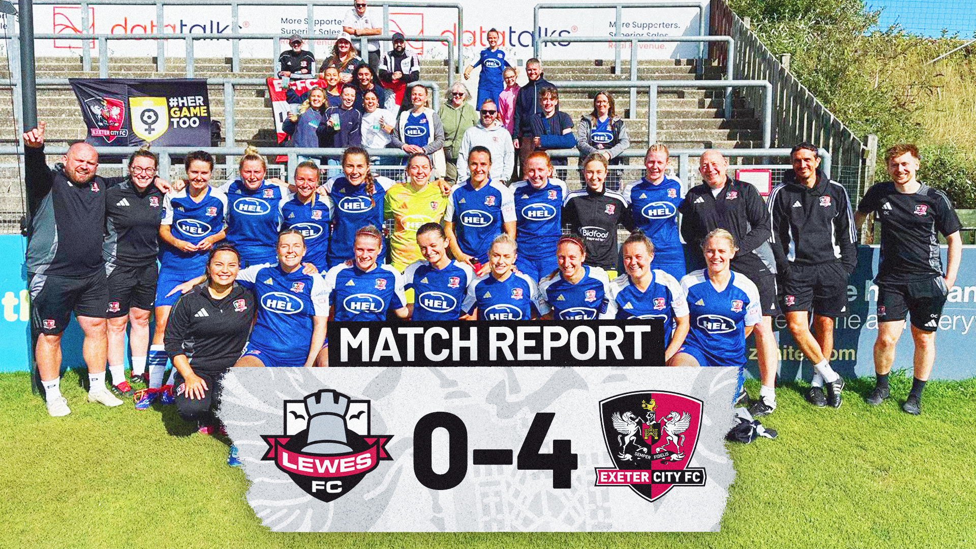 Match report image for Lewes 0-4 Exeter City women with an photo of the squad and fans together after the match