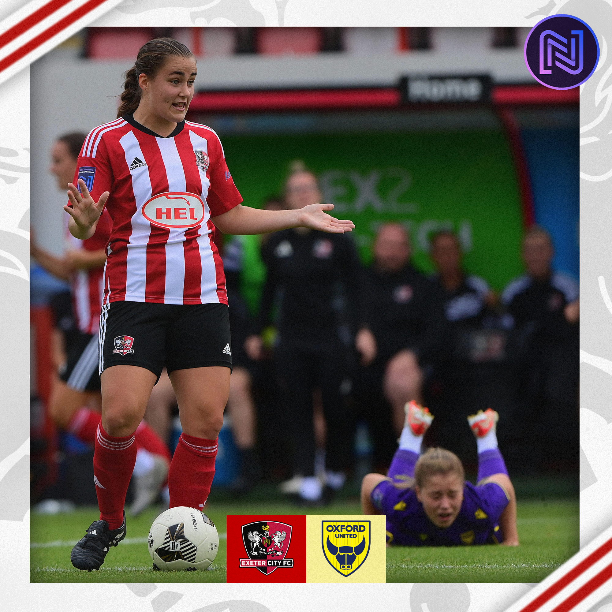 Georgie Barbour-Gresham in her red and white home kit, shrugging while looking out of the frame, with an Oxford player in purple on the floor behind her.