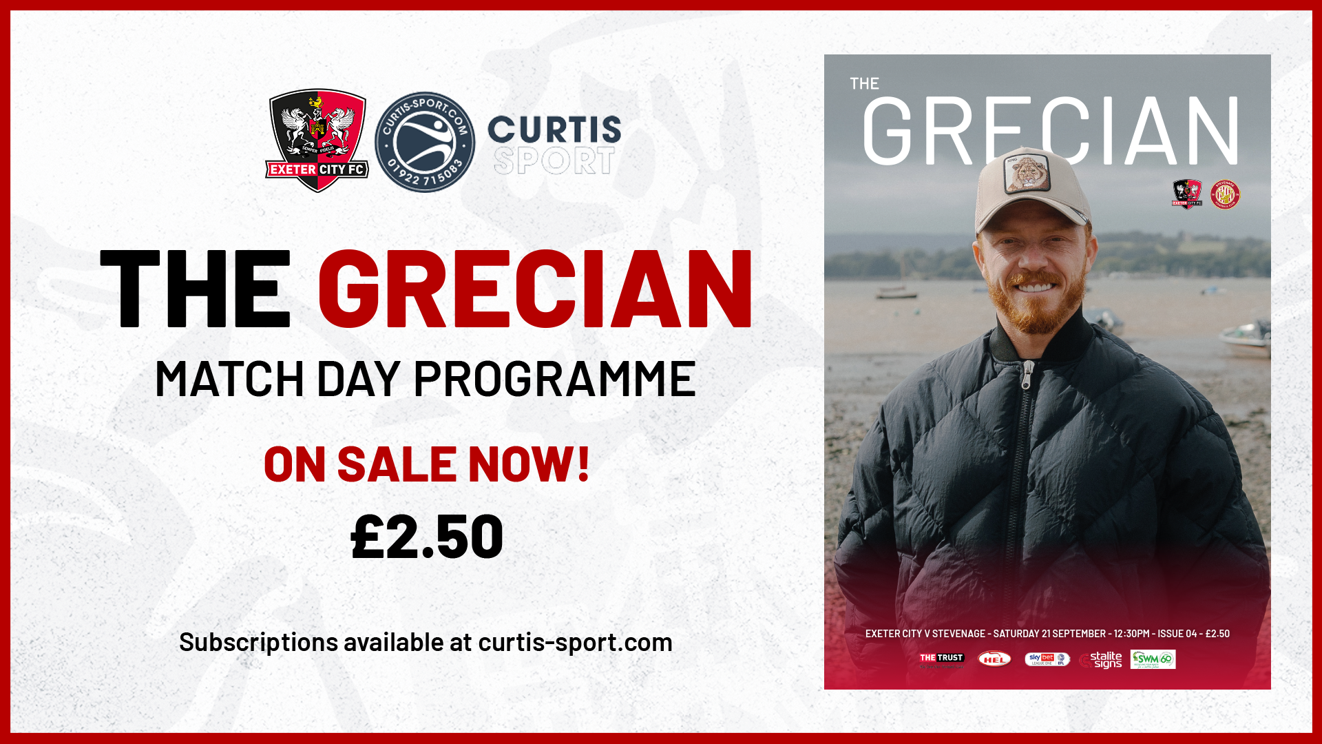 Promo graphic for the Grecian match day programme for the match v Stevenage this weekend. Text reads: THE GRECIAN MATCHDAY PROGRAMME / ON SALE NOW! / £2.50 / SUBSCRIPTIONS AVALIABLE