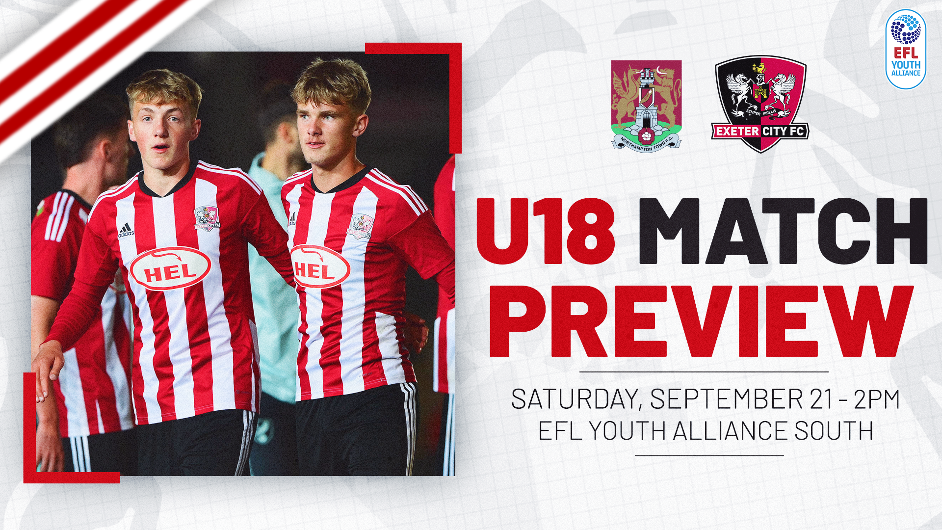 U18 Match Preview Graphic. Text reads: SATURDAY, SEPTEMBER 21 - 2PM, EFL YOUTH ALLIANCE SOUTH